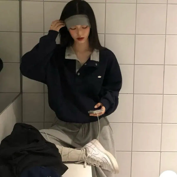 [BUNJANG] Baydeli Custom Loose Fit Color Block Sweatshirt Navy / (거의새상품) 베이델리 자체제작 장꾸 루즈핏 배색 단작 맨투맨 네이비