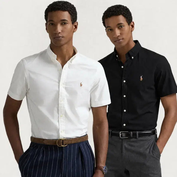 [BUNJANG] Polo Oxford Cotton Short Sleeve Shirt with Multi-Pony Logo (White/Black) / 폴로 옥스포드 코튼 여름 반팔 멀티포니 셔츠 (화이트 / 블랙)