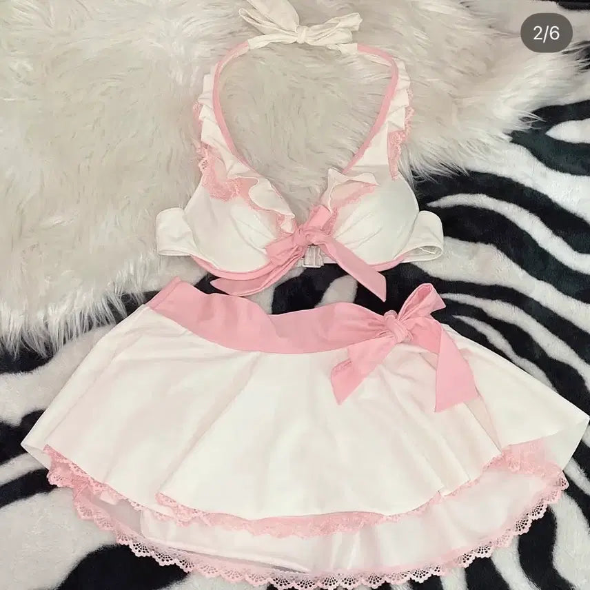 [BUNJANG] Hime Gyaru Bikini Set 3-Piece (White/Pink) / 히메갸루 비키니 3세트 화이트 핑크 리본 빈티지