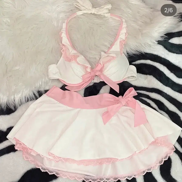 [BUNJANG] Hime Gyaru Bikini Set 3-Piece (White/Pink) / 히메갸루 비키니 3세트 화이트 핑크 리본 빈티지