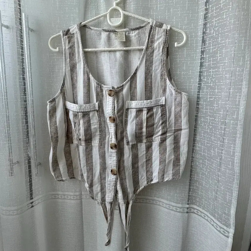 [BUNJANG] Vintage Linen Striped Sleeveless Button-Up Crop Top / 빈티지 린넨 줄무늬 민소매 버튼업 크롭 탑