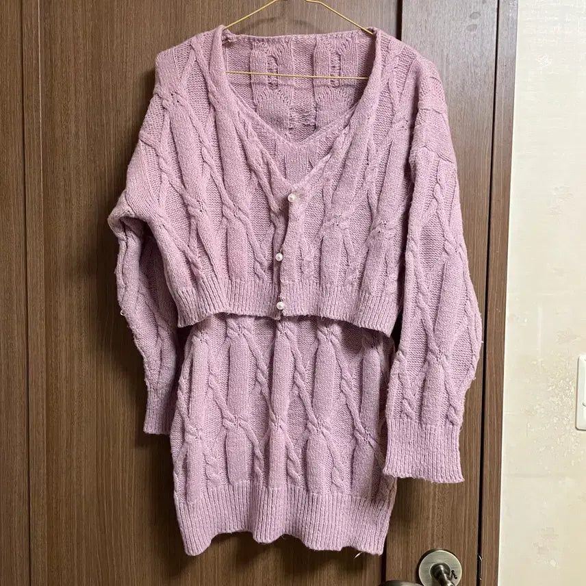 [BUNJANG] Pink Knit Dress Cardigan Set Two-Piece / 핑크 니트 원피스 가디건 세트 투피스