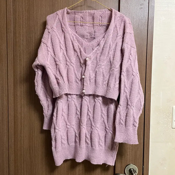[BUNJANG] Pink Knit Dress Cardigan Set Two-Piece / 핑크 니트 원피스 가디건 세트 투피스