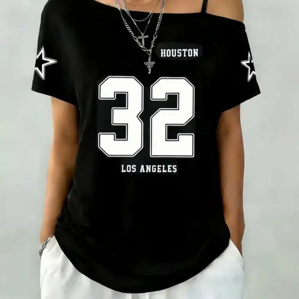 [BUNJANG] Printing Off-Shoulder Short-Sleeve T-Shirt Small / 새옷.32 프린팅 오프숄더 반팔티.스몰