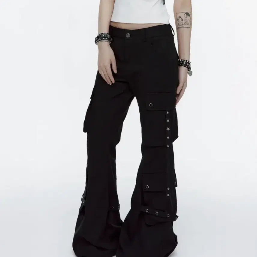 [BUNJANG] Black Bootcut Cargo Strap Pants / S 러프넥 부츠컷 카고 스트랩 팬츠 블랙