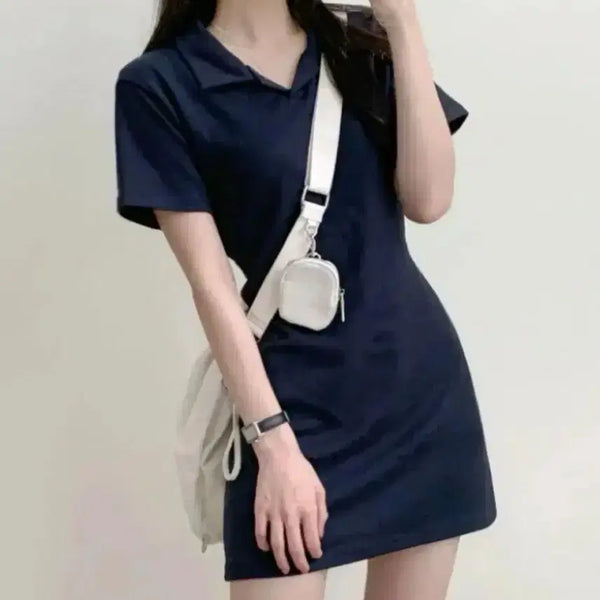 [BUNJANG] Ablley Collar Neck Short Sleeve Mini Dress Navy / 에이블리 카라넥 반팔 미니 원피스 네이비