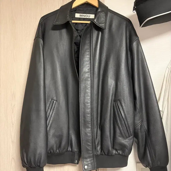 [BUNJANG] MNGU Lambskin Blouson Leather Bomber Jacket / [L] MNGU 램스킨 블루종 가죽 레더 봄버 자켓
