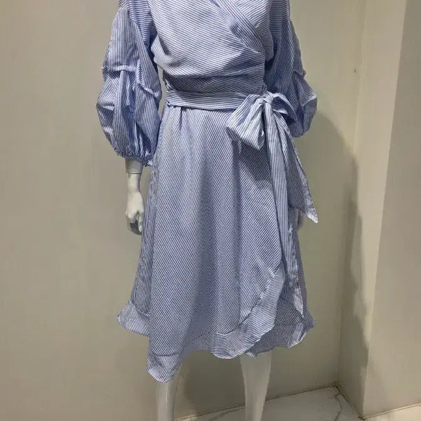 [BUNJANG] Wrap Shirring Puff Sleeve Stripe Long Shirt Dress / 랩 셔링 퍼프소매 롱원피스 스트라이프 셔츠원피스 새상품/급처/FREE