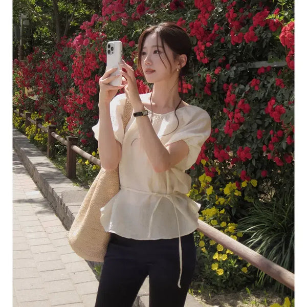 [BUNJANG] Dali Hotel Cream Ribbon Shirring Brenin Blouse / 달리호텔 크림 리본 셔링 브레닌 블라우스