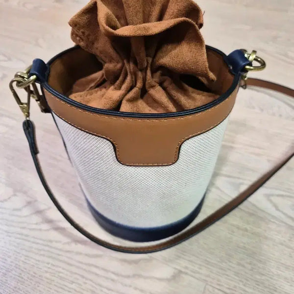 [BUNJANG] Canvas Bucket Bag with Brown Leather Accents / 복조리백 캔버스 브라운 가죽 배색