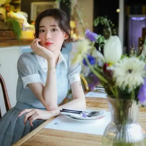 [BUNJANG] Milkcocoa Lace Ribbon Flower Collar Chiffon Dress / 밀크코코아 레이스 리본 플라워 카라 원피스 쉬폰