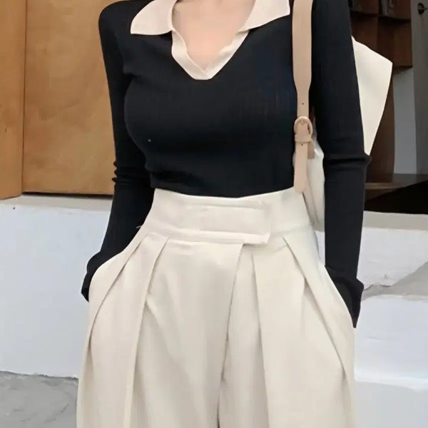 [BUNJANG] TWE Contrast Collar Open Neck Ribbed T-shirt / 트위 배색카라 오픈넥 골지티(+필라테스반팔나눔)