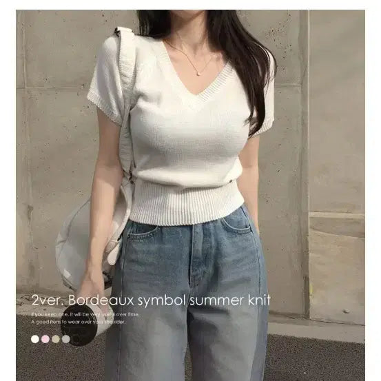 [BUNJANG] HINIQUE V-Neck Summer Knit White / 히니크 브이넥 여름 니트