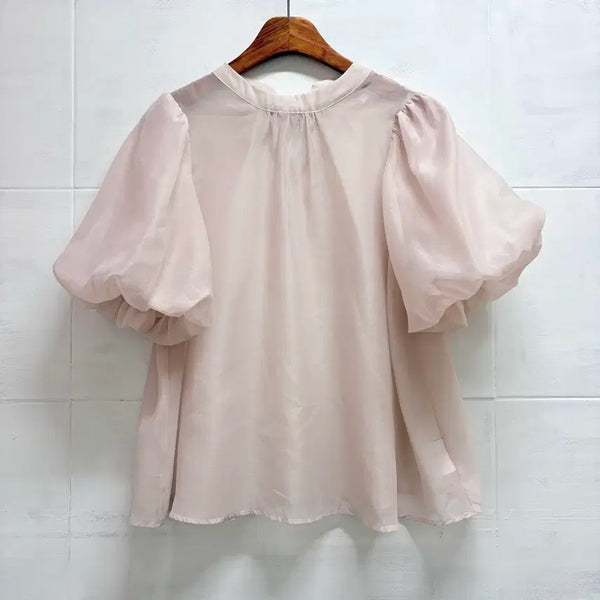 [BUNJANG] Pink See-through Organza Balloon Sleeve Ribbon Blouse L / 핑크 시스루 오간자 벌룬 소매 리본 블라우스 L JPN