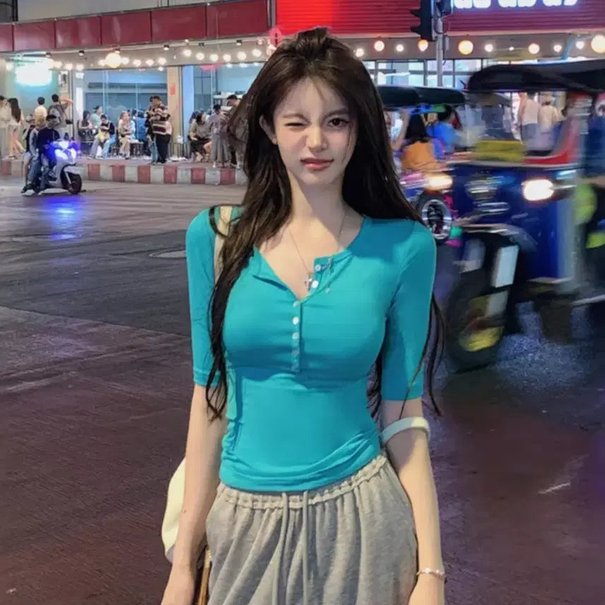 [BUNJANG] Temu Mint Button Short Sleeve T-Shirt / 테무 민트 버튼 심플 슬림 상의 반팔티셔츠 급처 쿨거래시 반택비 부담