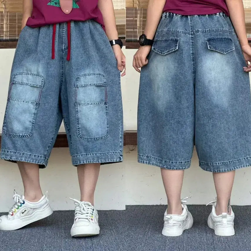 [BUNJANG] Vintage Washed Denim Wide 7/8 Length Shorts / [새상품] 빈티지 워싱 데님 와이드 7부 반바지