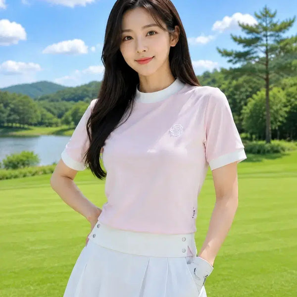 [BUNJANG] Southcape Golf Women's Short Sleeve Knit T-shirt Pink/White Size S / [정품]사우스케이프 골프 여성 버튼 립 라운드넥 반팔 니트 티셔츠 S