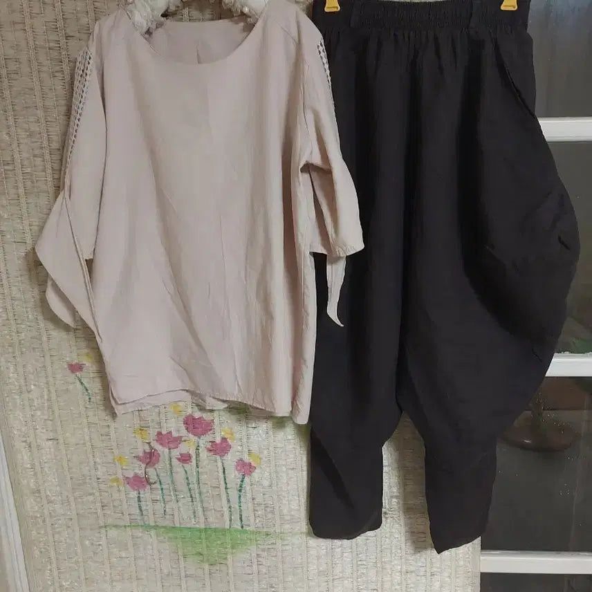 [BUNJANG] Linen Beige Blouse and Brown Pants Set / 린넨 베이지색 블라우스 브라운 바지 세트