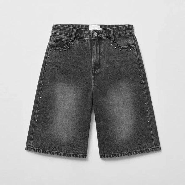 [BUNJANG] Mongdol Studded Washed Denim Bermuda Shorts (Charcoal) / 몽돌 스터드 워싱 데님 버뮤다 팬츠 (차콜)