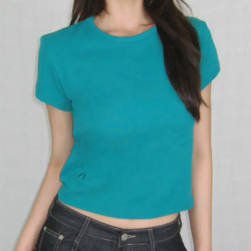 [BUNJANG] FOHOUSE EN Back Stitch Short Sleeve T-Shirt Blue Green / 포하우스 이엔 백 스티치 반팔티셔츠 블루그린 청록색 에이블리 지그재그