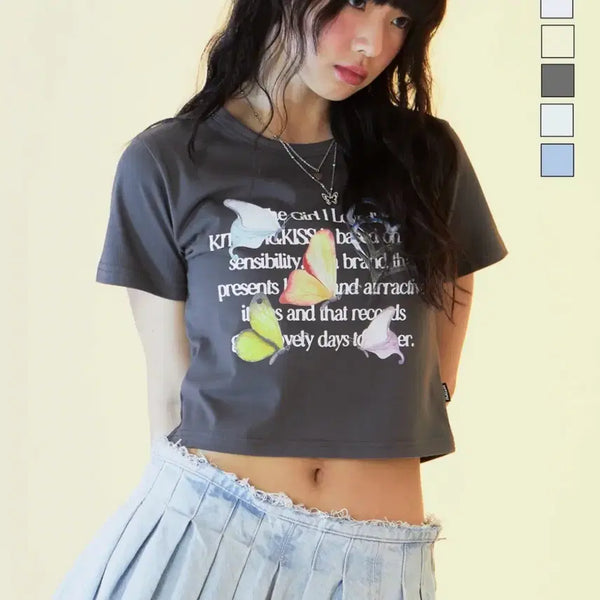 [BUNJANG] Kitchy & Kiss Cropped Short-Sleeve T-Shirt / 무신사 키치앤키스 브랜드 크롭 반팔 티셔츠 반팔티