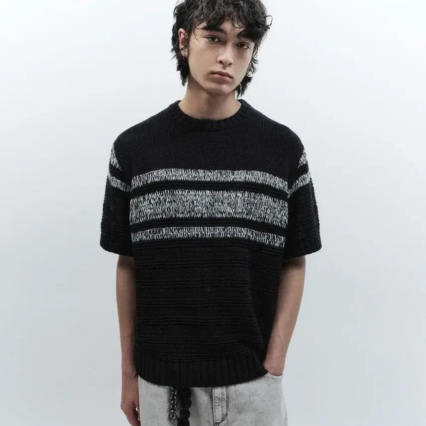 [BUNJANG] Insilence Stripe Crewneck Knit Short Sleeve M / 인사일런스 스트라이프 크루넥 니트 반팔 M