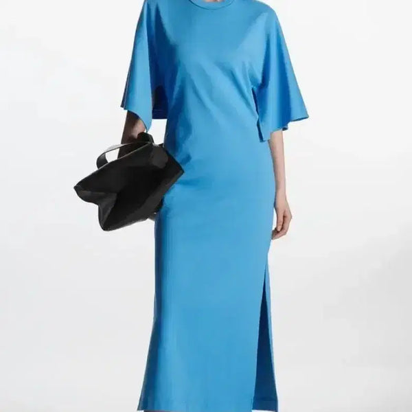 [BUNJANG] COS Drape Sleeve Midi Dress Short Sleeve Cotton Blue / 코스 cos 드레이프 슬리브 미디 드레스 날개소매 반팔 면 롱원피스 블루