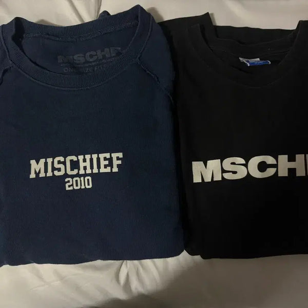 [BUNJANG] Mischief 2010 Navy Sweatshirt & Black Lettering T-Shirt Set / (희귀매물, 무배) 미스치프 2010 맨투맨 네이비, 레터링 티셔츠 블랙