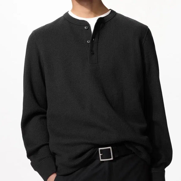 [BUNJANG] Uniqlo Waffle Henley Long Sleeve T-Shirt Black L / 유니클로 와플 헨리넥 긴팔 티셔츠 블랙 L