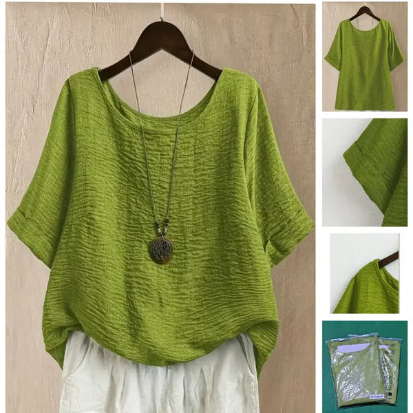 [BUNJANG] Mint Round Neck Short Sleeve Blouse Linen / 연두색 라운드 반팔 블랏티