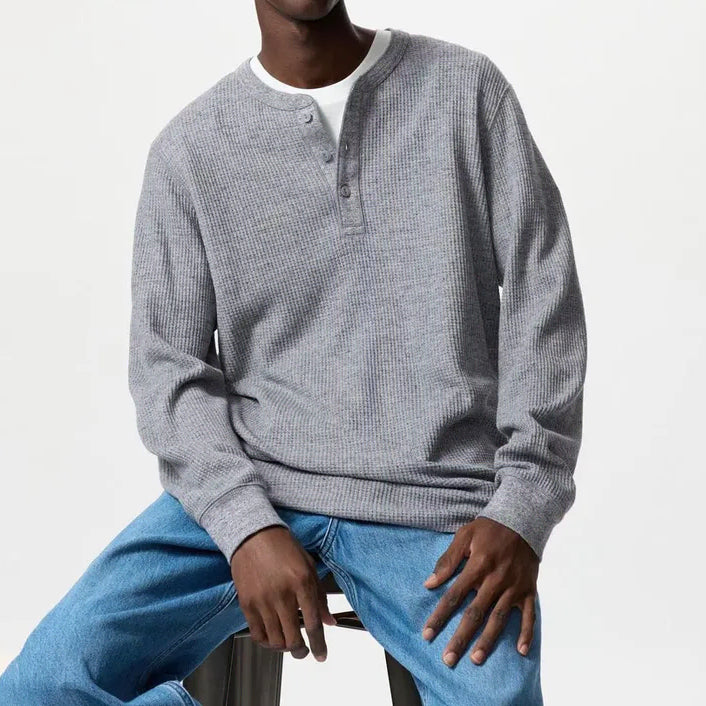 [BUNJANG] Uniqlo Waffle Henley Long Sleeve T-Shirt XL / 유니클로 와플 헨리넥 긴팔티 그레이 XL