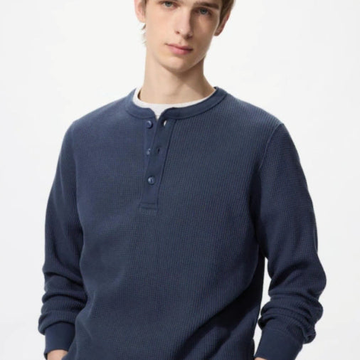 [BUNJANG] Uniqlo Waffle Henley Long Sleeve T-Shirt Blue M / 유니클로 와플 헨리넥 긴팔티 블루 M