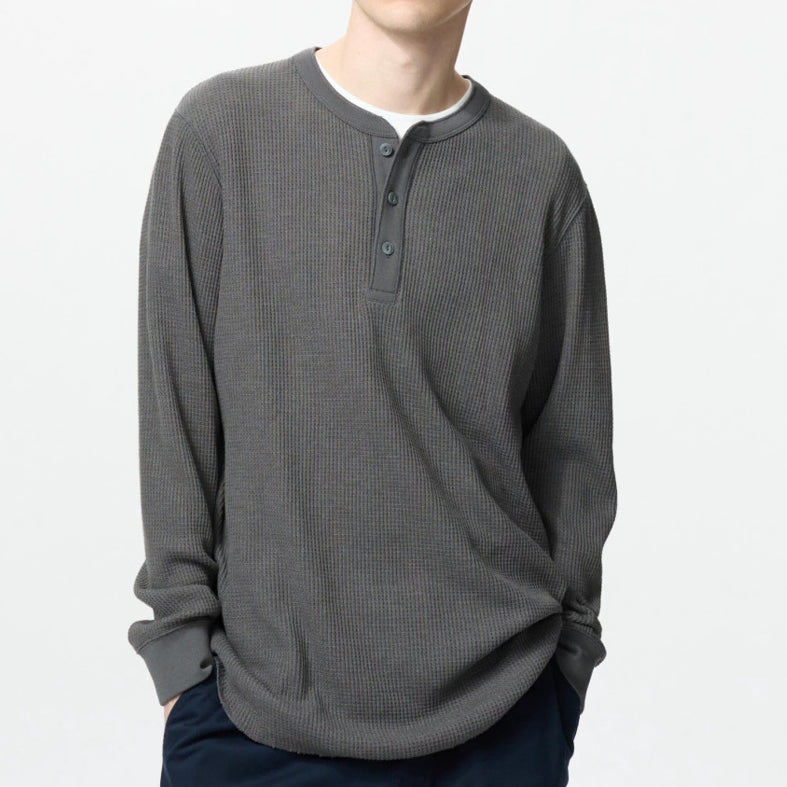 [BUNJANG] Uniqlo Waffle Henley Long Sleeve T-Shirt XL / 유니클로 와플 헨리넥 긴팔티 그레이 XL