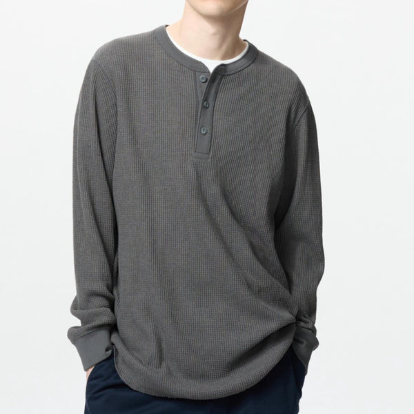 [BUNJANG] Uniqlo Waffle Henley Long Sleeve T-Shirt XL / 유니클로 와플 헨리넥 긴팔티 그레이 XL