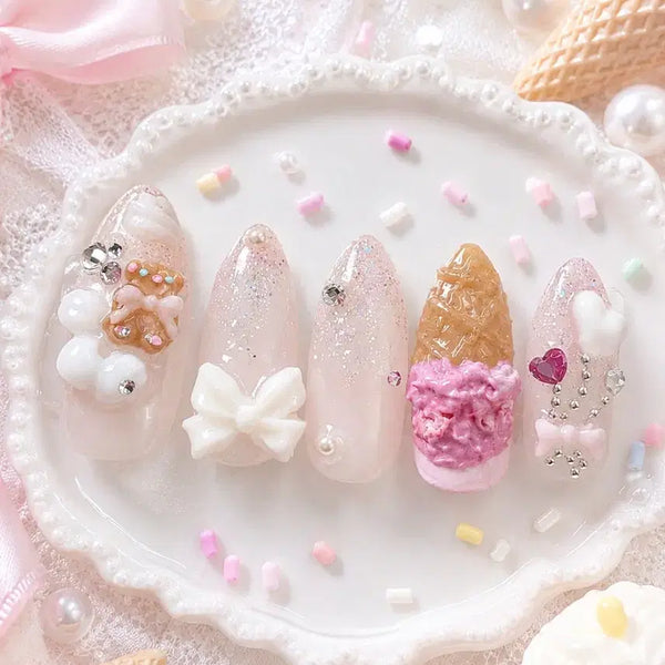 [BUNJANG] Handmade Ice Cream Nail Tips / 아이스크림 수제네일팁/일본/호비아카/리본