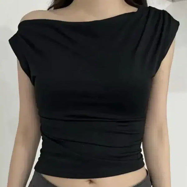 [BUNJANG] Panning Off-Shoulder Shirred Short-Sleeve T-Shirt / 패닝  언발 오프숄더 셔링 반팔 티셔츠