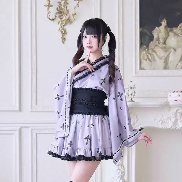 [BUNJANG] Noginki Lilac Yukata Set with Cross Pattern / 노겐키 연보라 유카타 세트(기모노 하라주쿠 마츠리 로리타 시허니 서브컬쳐 섭컬 리즈리사 마즈 레플렘 딤모아르 매드펑크)