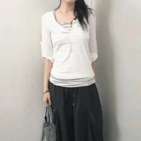 [BUNJANG] Pievre Button Roll-Up Quarter Sleeve Top + Camisole Set / 피에브레 버튼 롤업 쿼터 슬리브 탑 + 나시 세트