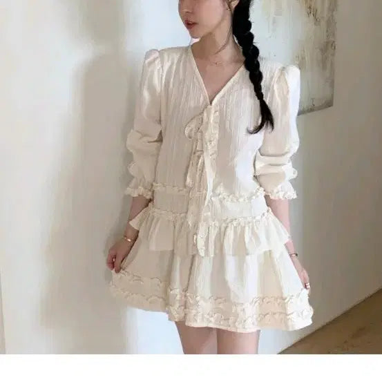 [BUNJANG] Bicini Handmade Pleated Two-Piece Set / 바이씨니 제작 곱창프릴투피스