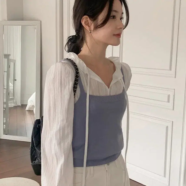 [BUNJANG] Ganaesra Frill Blouse + Blue Bustier Knit Set / 가내스라 프릴 블라우스 + 뷔스티에 니트(하늘색)