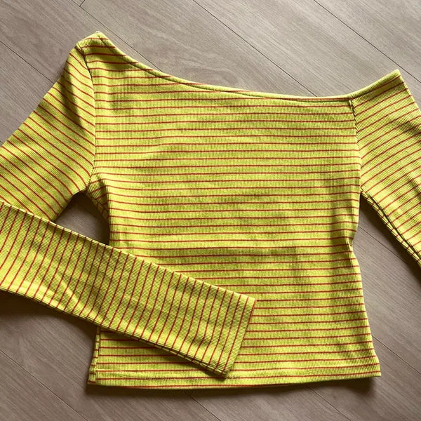 [BUNJANG] One-Shoulder Striped Crop Top (Light Green) / 원숄더 라이트그린 줄무늬