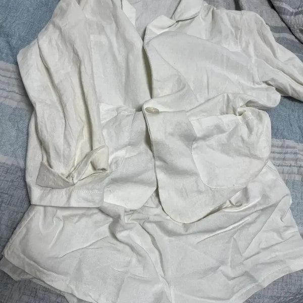[BUNJANG] White Linen Shirt Jacket and Shorts Set / 화이트 린넨 셔츠 자켓 반바지 하의 셋트