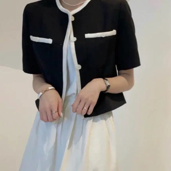 [BUNJANG] Black Short-Sleeve Tweed Jacket / 블랙 반팔 트위드 자켓 결혼식 하객룩