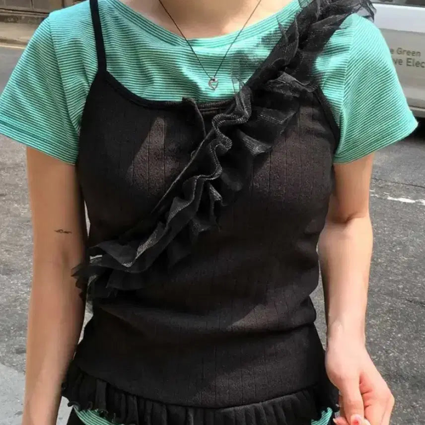 [BUNJANG] DearByMe Fruit Boatneck T-Shirt + Bustier Set / 디어바이미 프룻 보트넥 반팔티셔츠+뷔스티에 끈나시