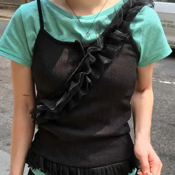 [BUNJANG] DearByMe Fruit Boatneck T-Shirt + Bustier Set / 디어바이미 프룻 보트넥 반팔티셔츠+뷔스티에 끈나시