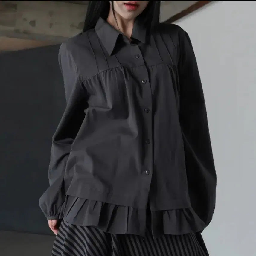 [BUNJANG] Binaryone Cher Frill Shirt Charcoal / 바이너리원 체르 프릴셔츠 차콜