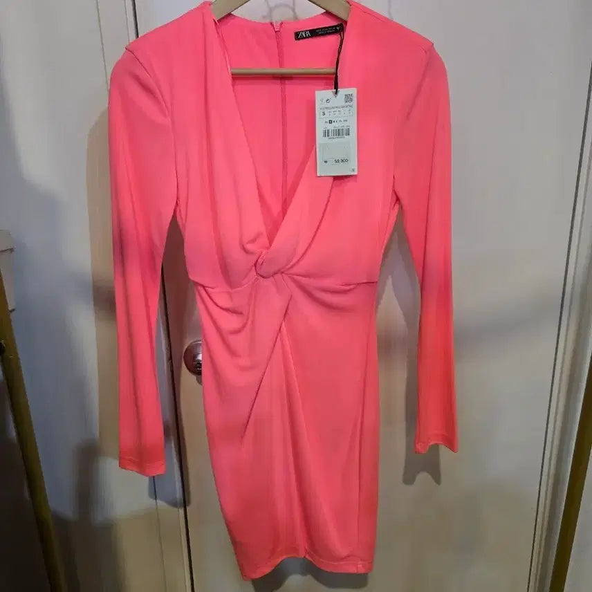 [BUNJANG] Zara Twisted Long Sleeve Midi Dress Pink S / 자라 롱슬리브 꼬임 원피스 핑크 S 새상품