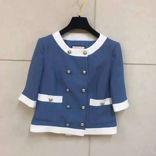 [BUNJANG] MOJO. S. SPHINX Blue Color Block Short Sleeve Tweed Jacket (Size 66) / (66)모조에스핀 정품 일본원단 블루 배색 반팔 트위드 자켓
