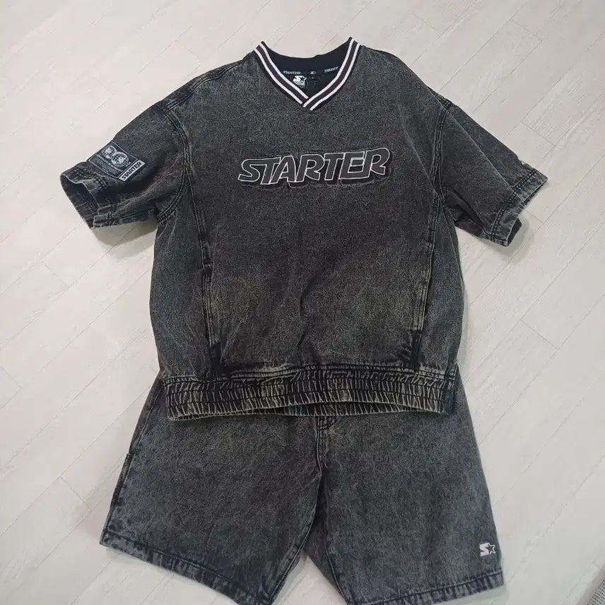 [BUNJANG] Starter Washed Sport Half-Sleeve Denim Setup Set (L Size) / 스타터 워싱 스포츠 반팔 데님 셋업 L사이즈
