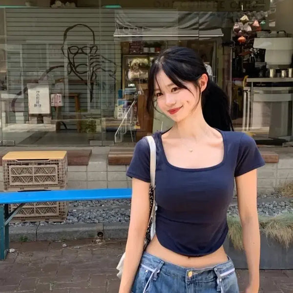 [BUNJANG] Dayrose Square Neck Rounded Hem Short Sleeve T-Shirt Navy / 에이블리 데이로제 스퀘어넥 라운딩 반팔 (새상품)